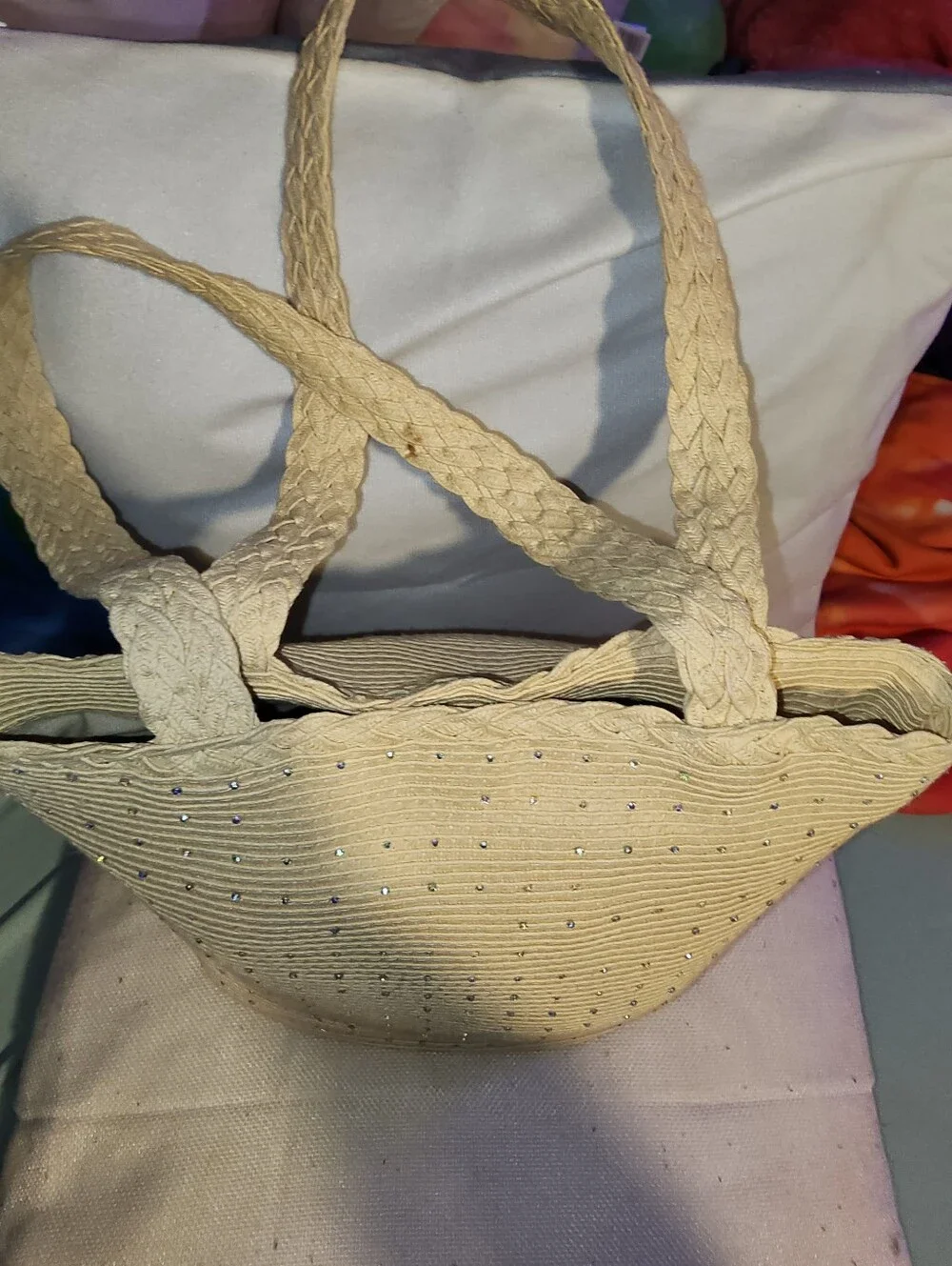 Capelli Beige Braided Weaved Rafia Tote Handbag with Rhinestone Accents